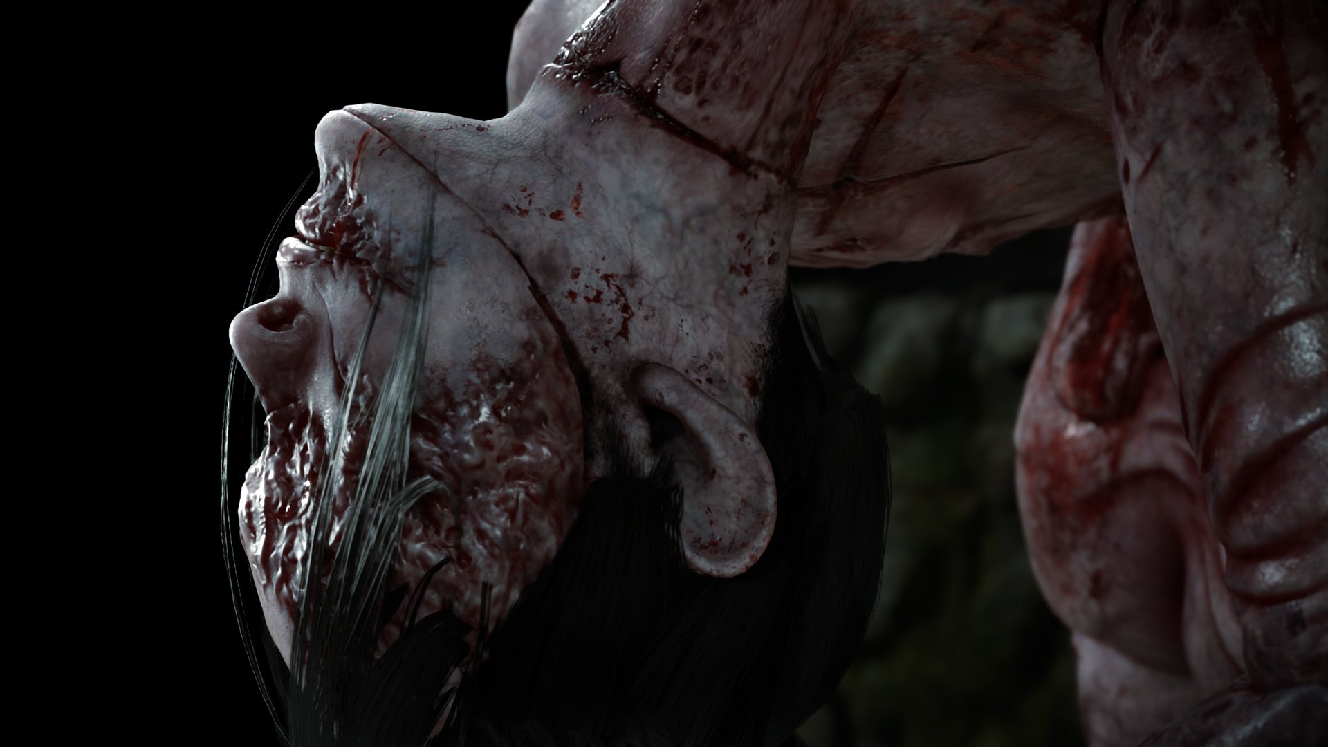 A bloody monster stands in a balletic pose. 