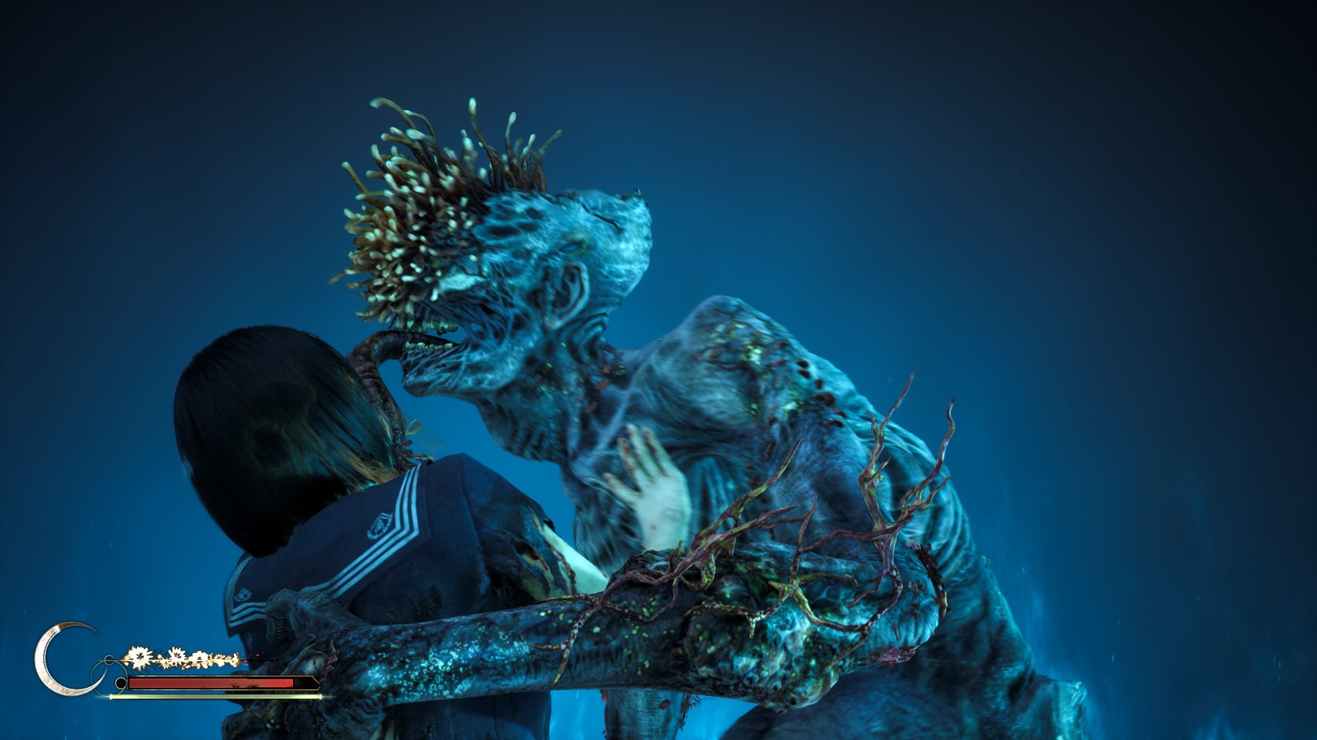 A monster grabs Hinako and licks her face.