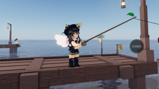 Fisch titles: a girl stood on a dock with a fishing rod