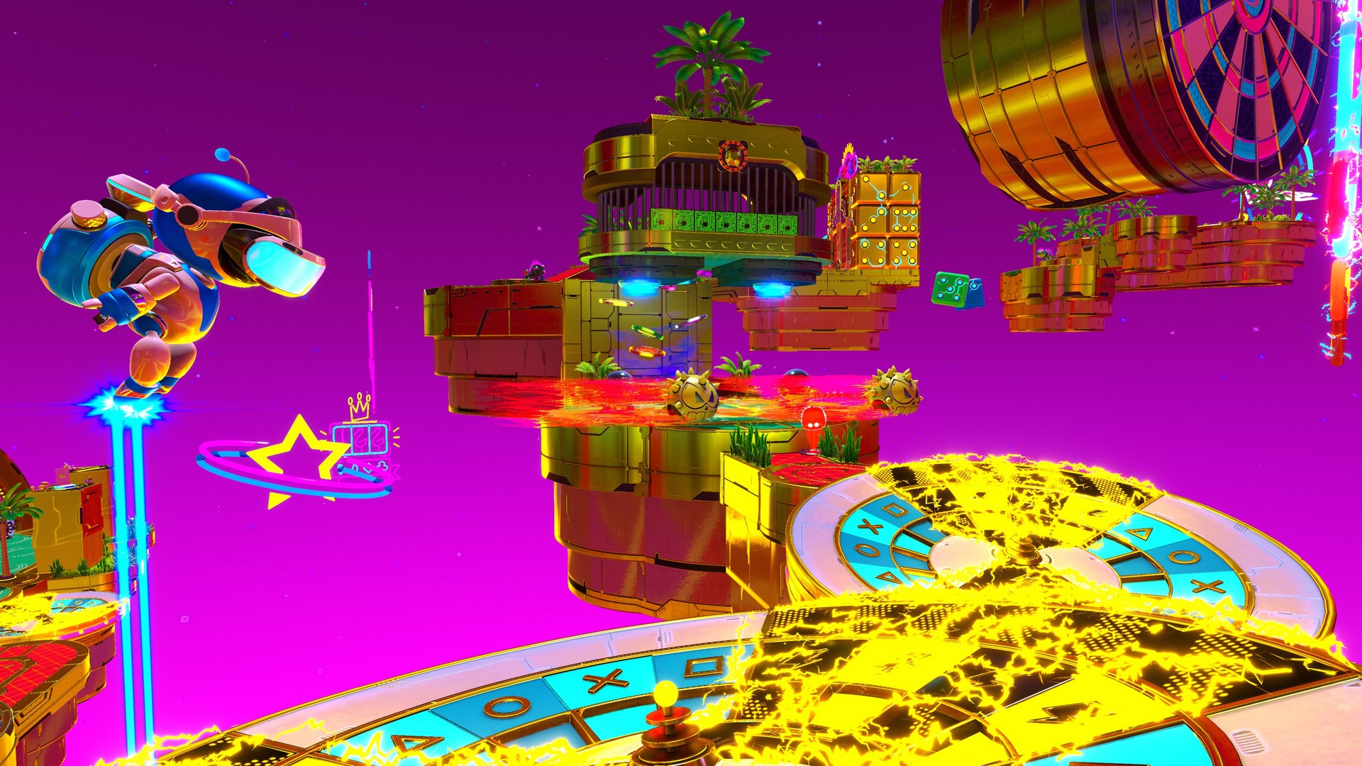 Astro blasts around a casino level using jet feet in Astro Bot