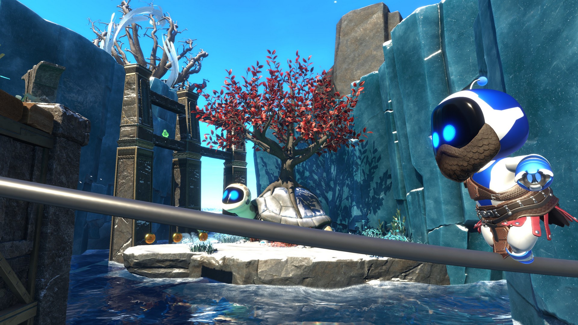 Kratos Astro balances along a tightrope in the God of War level in Astro Bot