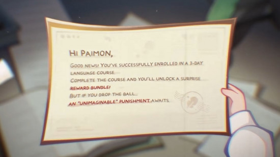 A screenshot of the letter Paimon receives in the teaser for the upcoming Genshin Impact collab