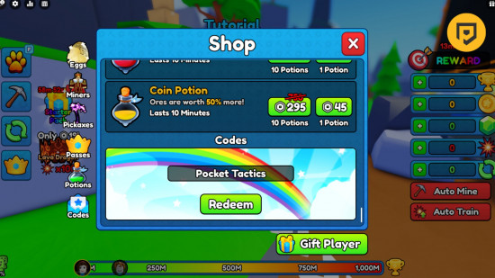 Pickaxe Simulator codes: a redemption screen with the PT logo in the corner